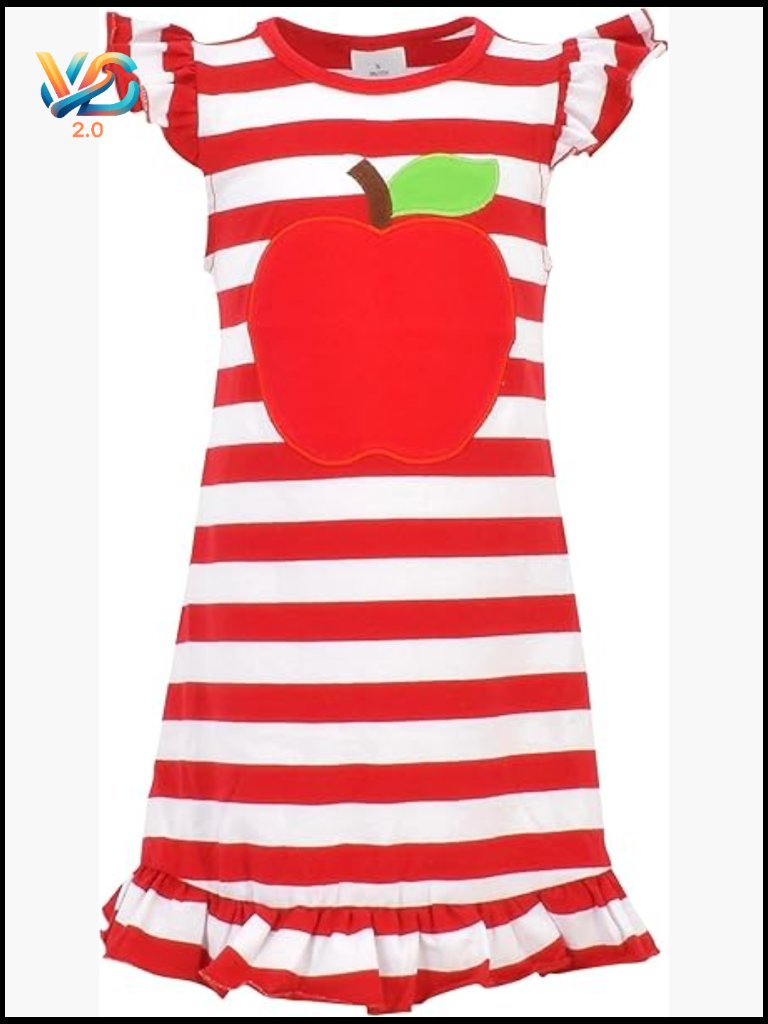 Red Cotton A-Line Back To School Apple Dress Short Sleeve Casual Playwear